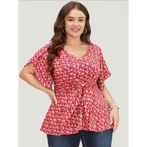 NWT Bloomchic Raspberry Ditsy Floral Split Petal Tie Front Blouse Large
